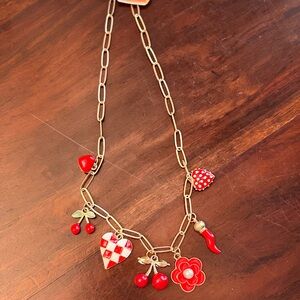 Gold Chain Necklace with Red Charms